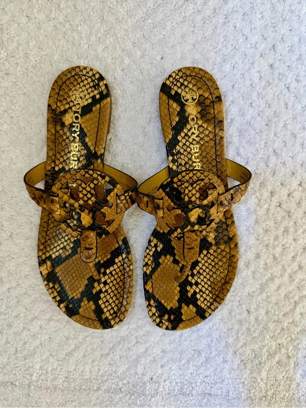Tory Burch Snake-Stamped Miller Sandals in Tan and Black
